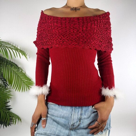 Vintage Y2K Red Preppy Coquette Knit Off-Shoulder Fitted Ribbed Sweater / Small - Picture 3 of 7